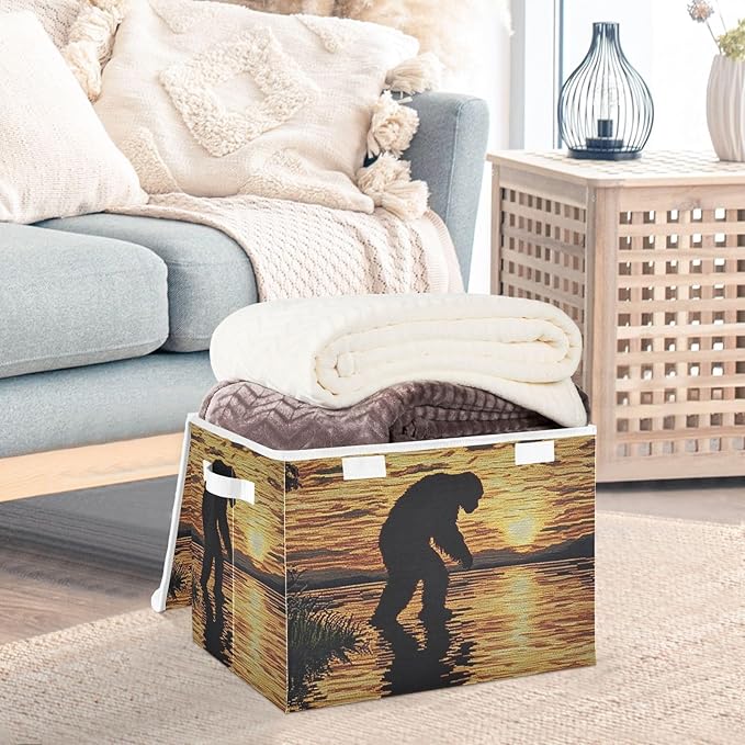Storage Cube with Lid Sunset Sasquatch Print 16.5×12.6×11.8 IN Collapsible Large Capacity Foldable Storage Basket Bin Organizer