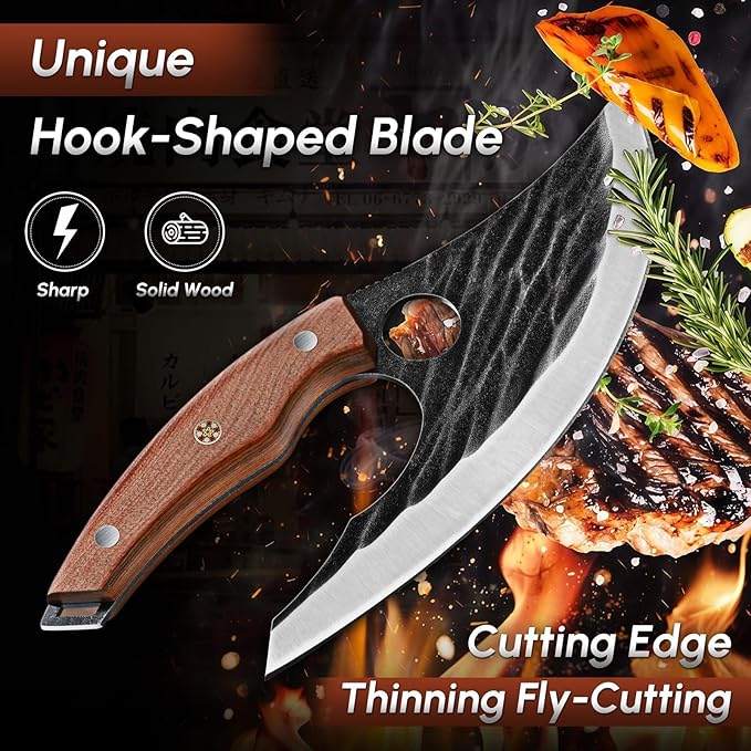 Huusk Japan Ulu Knife with Sheath - Christmas Gift for Men and Women - Hand Forged Caveman Ultimo Knife with Full Tang Wooden Handle - BBQ Knives for Vegetables Fruit Pizza