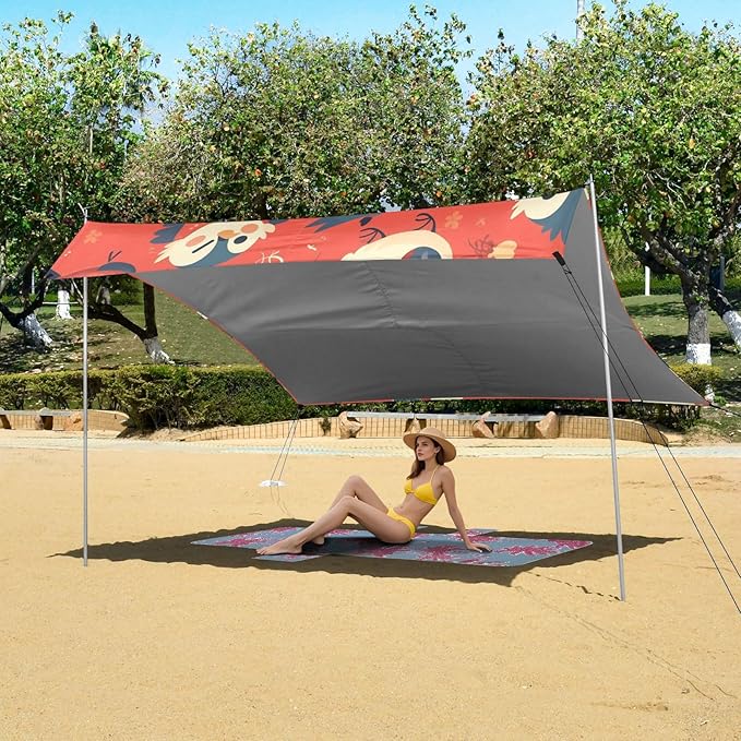 Cartoon Woodpecker Red Beach Tent UPF50+ Easy Setup Large Sun Shelter with Sand Pockets for Camping Picnics Backyard &amp Fishing