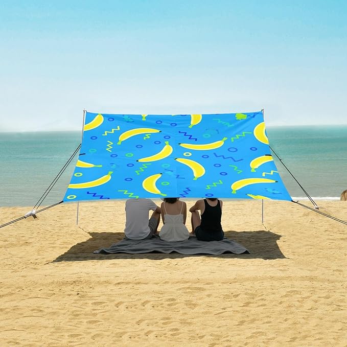 Beach Canopy with Windproof Ropes &amp Sandbags Beach Tent Sun Shade Sun Shelter for Camping Trips Fishing Backyard Fun or Picnics Banana