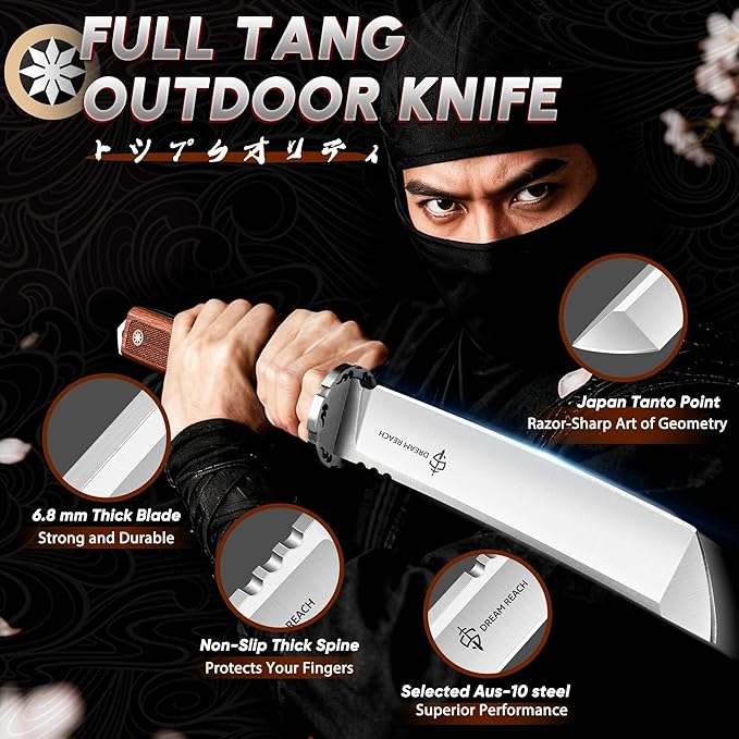 Dream Reach Japanese Tanto Knife Fixed Blade Knife with Leather Sheath for Back Survival Knives with Wood Handle Samurai Knives for Camping Outdoor Collection Gift for Men