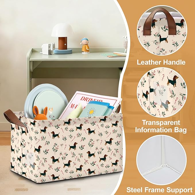 Christmas Dachshund Storage Bin with Handles Basket Storage Organizer for Shelves Closet Nursery Book Laundry Hamper &amp Home Decor