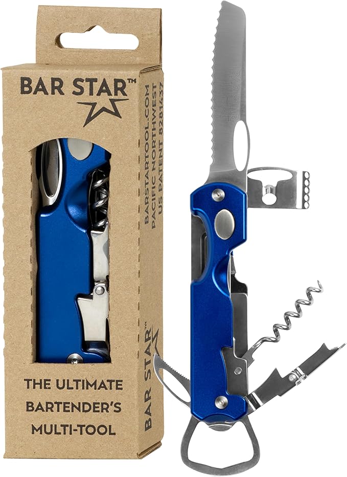 Bartender's All-in-One Bar Tool Set: Corkscrew Zester Citrus Knife and Bottle Opener Kit with Magnet for Picnics Tailgating BBQs Camping Travel Beach Parties and Bartending Blue