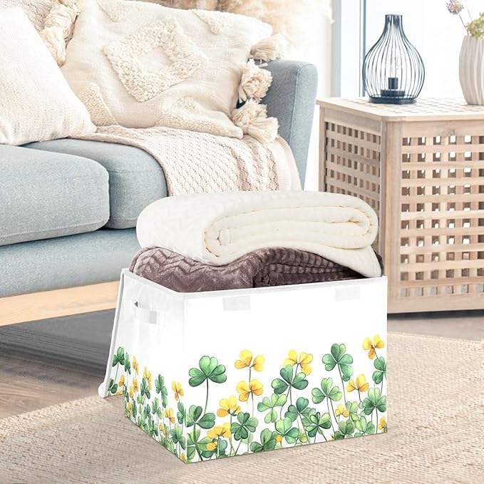 senya St. Patrick's Day Baskets Collapsible Storage Bins with Lids Border Of Green Clover Yellow Flowers Storage Boxes Clothes Baskets for Organizing