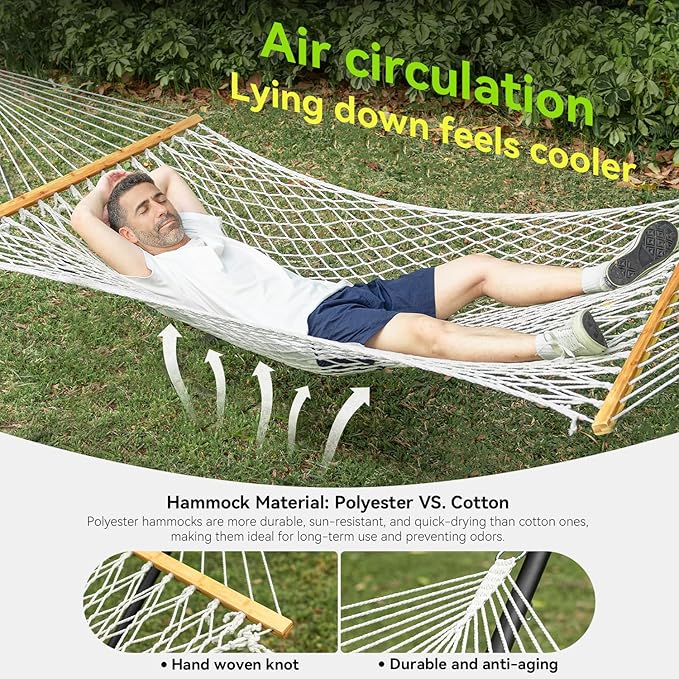 Double Hammock for 2 Person Handwoven Rope Hammock with Spreader Bar Without Stand - Indoor &amp Outdoor Use for Patio Poolside Backyard (White)
