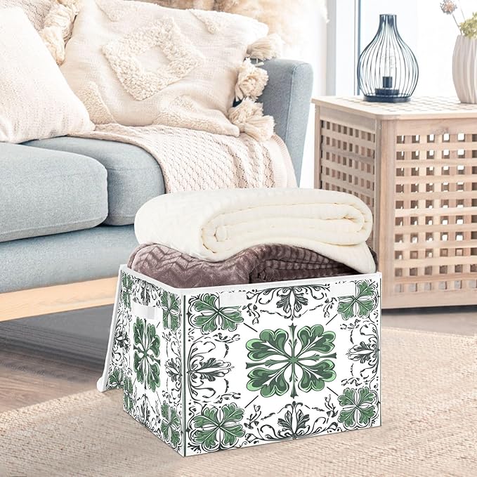 Lucky Leaf Tile Pattern Fabric Storage Bins with Lids and HandleFoldable Storage Bins with LidsCloset Organizers for Clothes Storage Room Organization Office Storage Chest Organizer