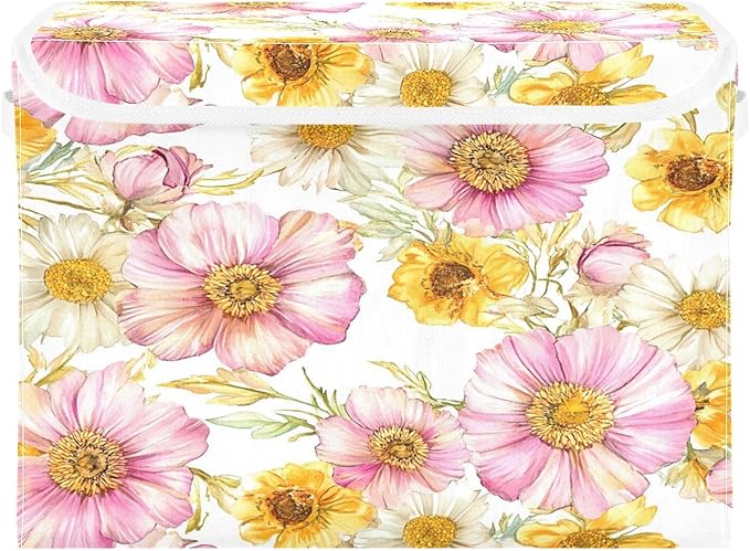Flowers Fabric Storage Bins with Lids and HandleFoldable Storage Bins with LidsCloset Organizers for Clothes Storage Room Organization Office Storage Chest Organizer