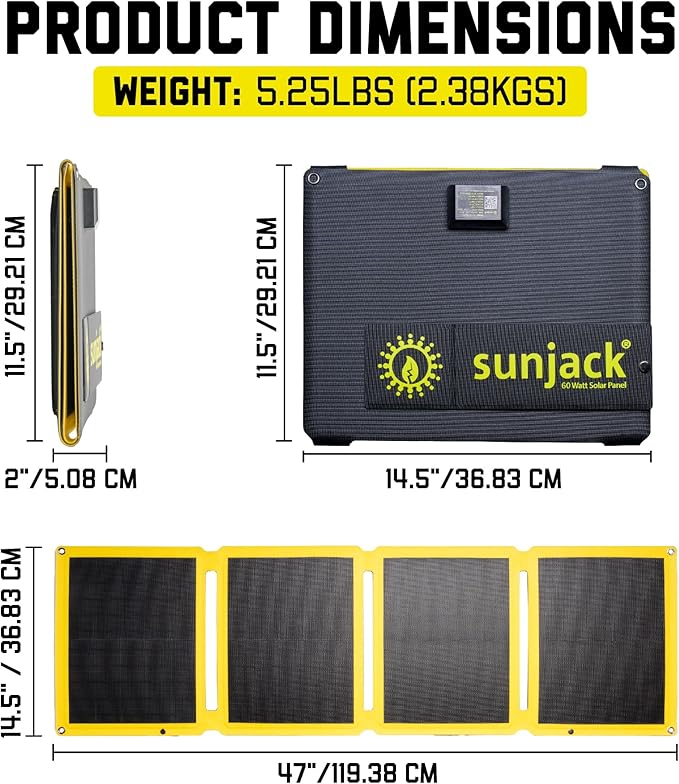 SunJack – 60 Watt Foldable Solar Panel ETFE Waterproof Portable Solar Panel with Kickstands USB-C PD30W USB-A QC3.0 DC Output Solar Panels for Camping Hiking Emergency Power