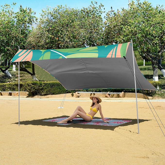Beach Canopy with Windproof Ropes &amp Sandbags Beach Tent Sun Shade Sun Shelter for Camping Trips Fishing Backyard Fun or Picnics Leaf