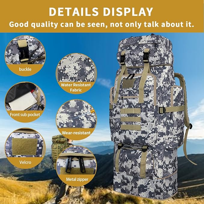 Hiking Backpack 100L Large Camping Backpack Expandable Waterproof MOLLE Rucksack Outdoor Sport Travel Daypack Military Tactical Back pack for Men Women (Camouflage)