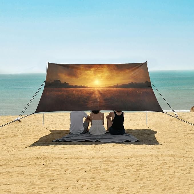 Dusk Landscape Beach Tent Sun Shelter Set UPF50+ UV Protection 10.5 x 9.19 FT Camping Shade Canopy with Sandbags Sand Anchors Carrying Bag and Others