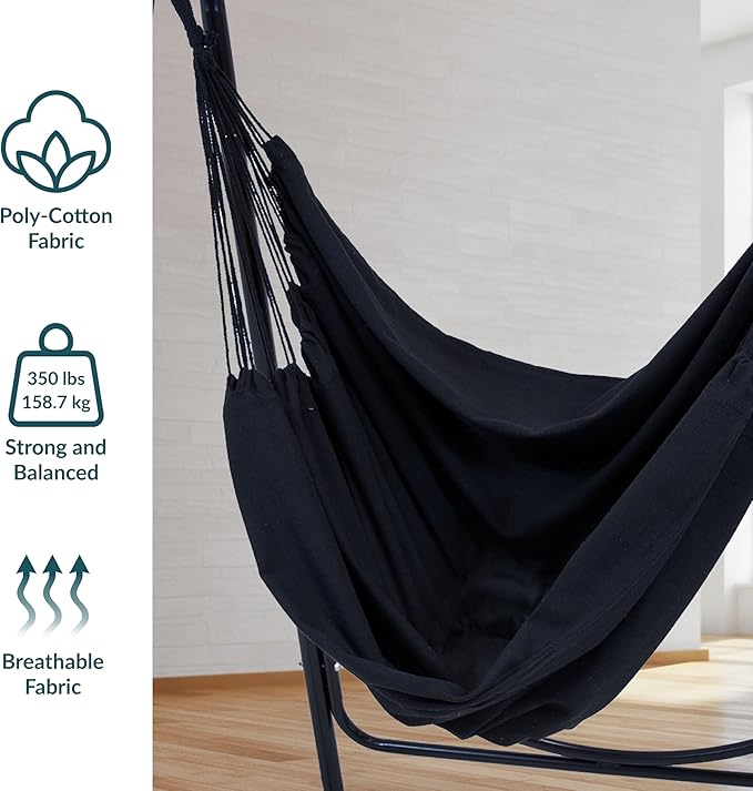 Sunnydaze Patio Hammock Chair with Stand - Hanging Hammock Swing Chair with Stand for Outside - Heavy-Duty Steel - A-Frame - Black