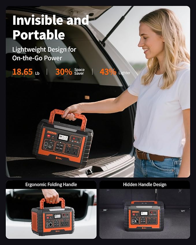 EBL Portable Power Station 1000W 999Wh Solar Generator 2000W Peak AC/Wireless Charging/60W USB-C Output Lithium Battery for Emergency Home Backup Camping RV Off-Grid Living