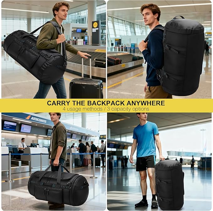 Large Travel Duffle Backpack for Men Women with Straps 45L/60L/90L Waterproof Gym Duffel Bag with Shoes Compartment for Hiking Camping Gym Overnight (60L)