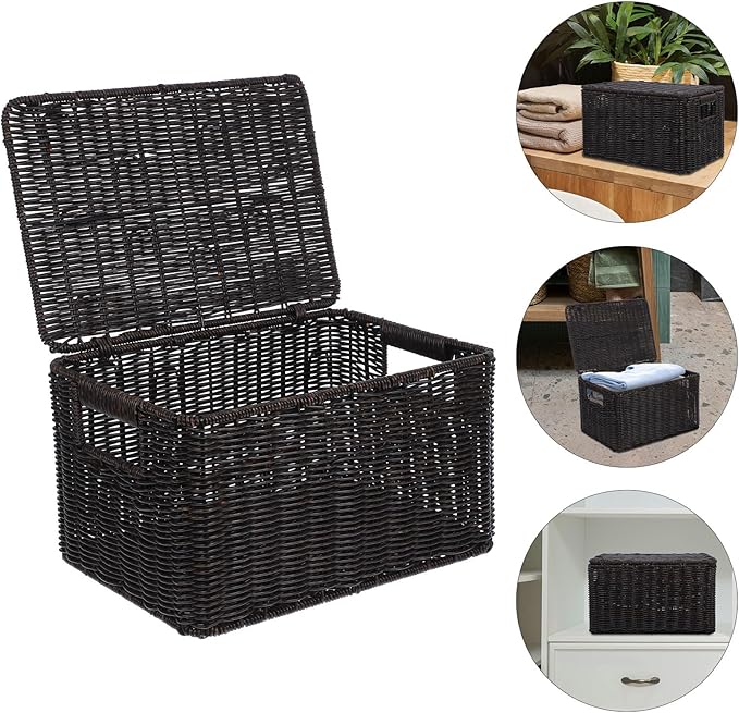 Angoily Lidded Storage Basket 33x22.5x18.5cm Simulated Rattan Woven Closet Organizer Storage Bin for Clothing