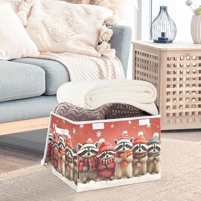 AIXIWAWA Lidded Storage Cube (Christmas Raccoon) Fabric Foldable Closet Bins with Flip Lid and Handles Organizer Basket Container 16.5 x 12.6 x 11.8 IN