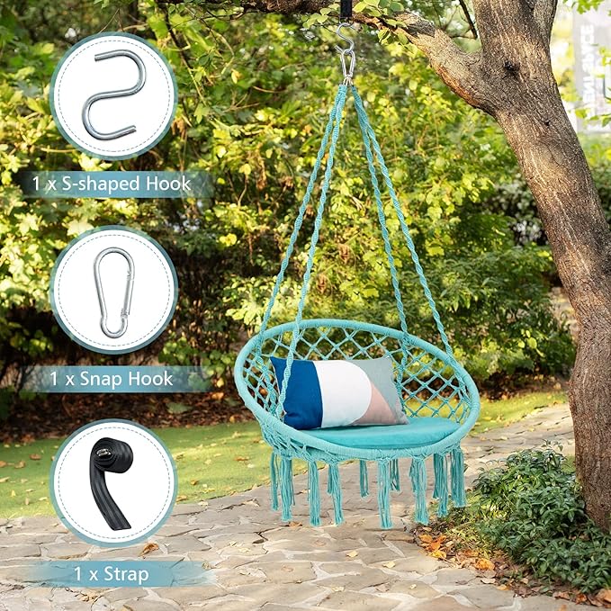 Giantex Hammock Chair Macrame Swing - Hanging with Cushion and Hardware Kit 330 LBS Weight Capacity Indoor for Stand Patio Balcony Living Room (Turquoise) (GT10698-NPTU)