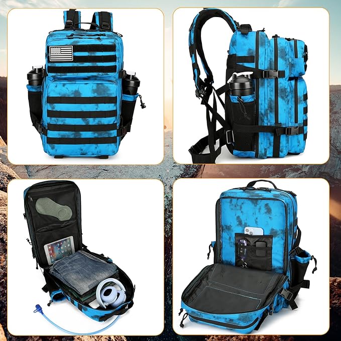 Lovelinks21 25L Tactical Backpack Military Tactical Backpack for Men and Women Small Assault Pack Outdoor Travel Hiking Camping Rucksack with Molle Webbing (Blue Water Pattern)