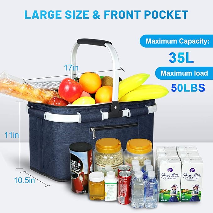 LIQING 35L Large Picnic Basket 2 Layers of Internal Pockets Leak-Proof and Insulated Folding with Internal Support for enhansed Stability Wedding Gifts for Couple(Navy Blue)