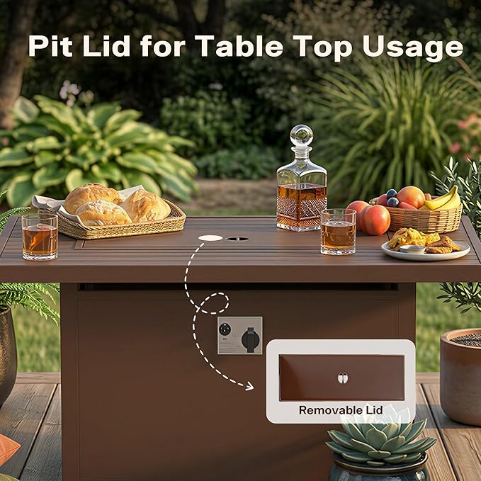 43 Aluminum Propane Fire Pit Table with 55000 BTU Rectangle Outdoor Gas Fire Table with Glass Wind Guard Glass Stones &amp Waterproof Cover Patio Fire Table for Backyard Deck Garden Brown