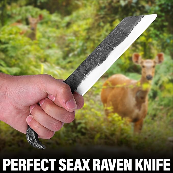 Odin's Raven Viking-styled Seax Knife 10.4 - Hand Forged 6.3 Carbon Steel Blade Raven's Head Hilt and 2 Genuine Leather Sheaths - Unique Medieval Style - Norse Knife for Hunting &amp Camping