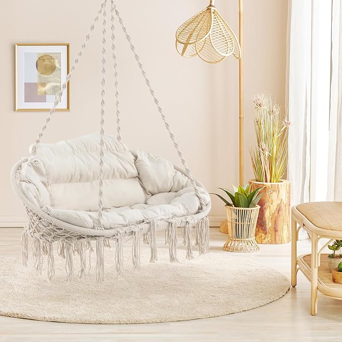RELAX4LIFE Hammock Macrame Swing Chair - Swinging Chair w/Removable Cushion &amp Handwoven Tassels Max 440 LBS Indoor Outdoor Hanging Chair for Bedroom Patio Porch Boho Hammock Swing (52 x 26 inch