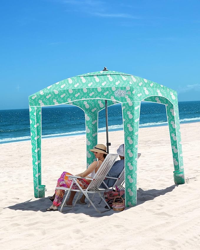 Qipi Updated Beach Cabana - Easy to Set Up Canopy Waterproof Portable 6' x Shelter Included Side Wall Shade with UPF 50+ UV Protection for Kids Family Green Pineapple Jungle