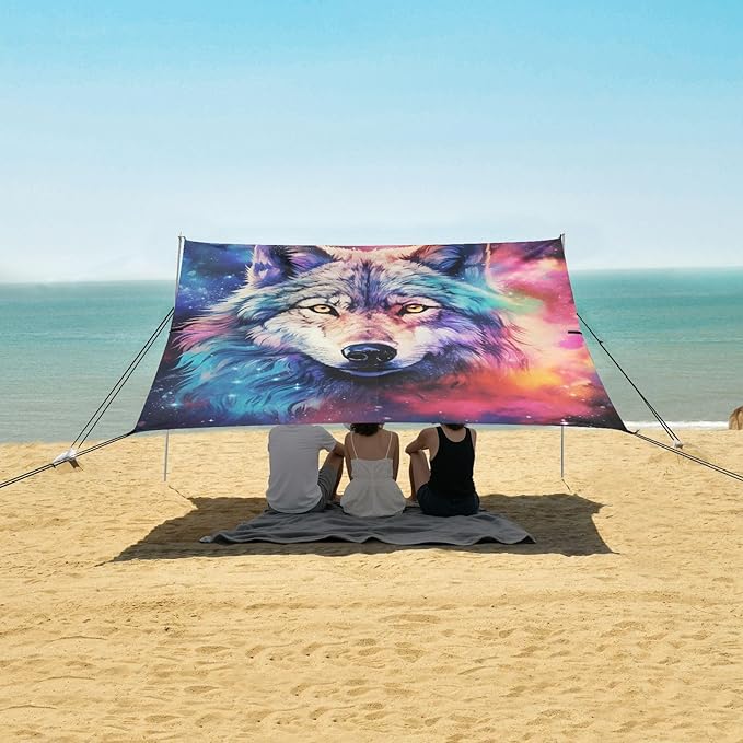 ALAZA Wolf Colorful Sky Space Galaxy Wolf Beach Tent Sun Shelter Portable Canopy Sunshade for Outdoor Camping Picnics Backyard Fun 10x9 ft