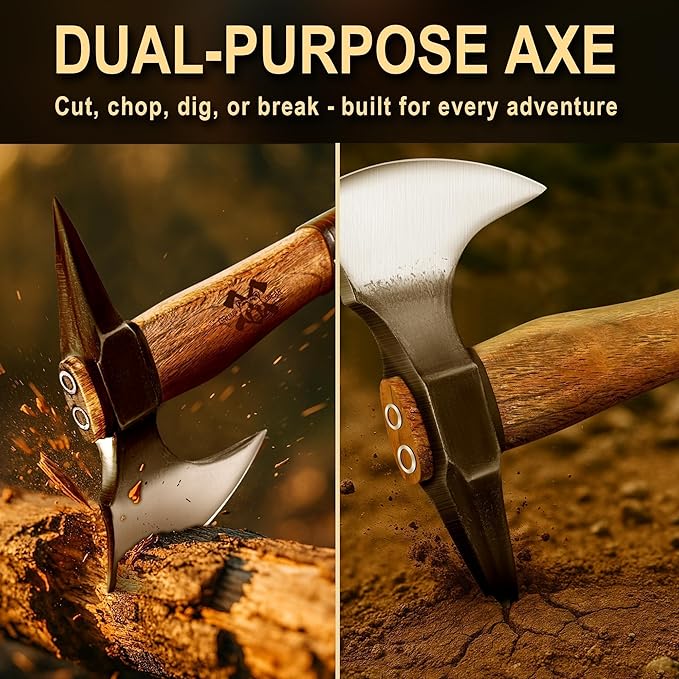 Grumpy Bear 15 Camping Hatchet Survival Axe with Sheath High Carbon Steel and Wood Handle Anti-Slip Grip – Ideal for Bushcraft Wood Splitting &amp Outdoor Adventures