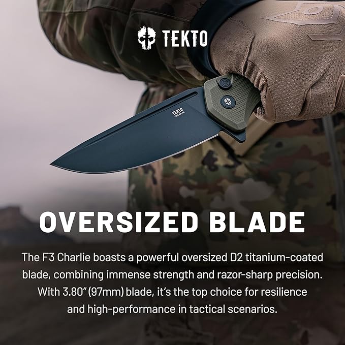 TEKTO F3 Charlie Button Lock Folding Knife Oversized Fine Edge Blade - Easy Open Pocket Knife with Titanium Coated D2 Steel &amp Black Titanium Barrel Spacers