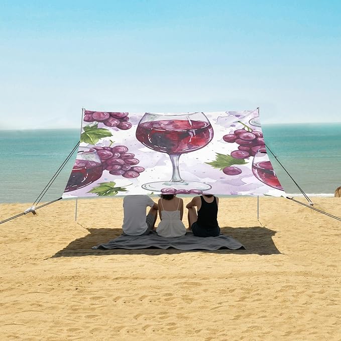 ALAZA Watercolor Glass of Red Wine Grapes Seamless Beach Tent Sun Shelter Portable Canopy Sunshade for Outdoor Camping Picnics Backyard Fun 10x9 ft
