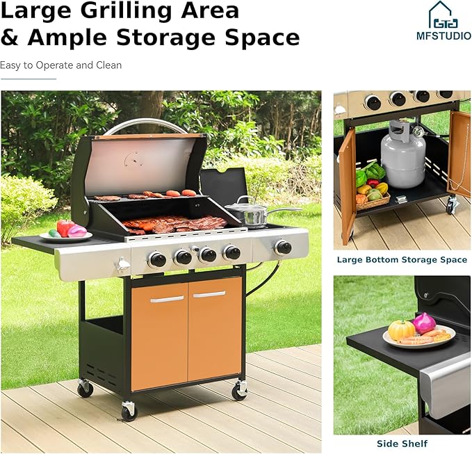 MFSTUDIO 4-Burner Propane Gas Grill Stainless Steel BBQ Grill with Side Burner and Porcelain-Enameled Cast Iron Grates High Output Gas BBQ Grills for Barbeque and Outdoor Cooking Gold
