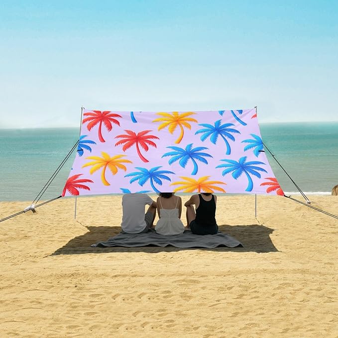 xigua Palm Trees Beach Tent Sun Shelter with Carrying Bag - Silver Coated Oxford Fabric Beach Canopy for Beach Camping Fishing - Includes Windproof Ropes Sandbags &amp Stakes