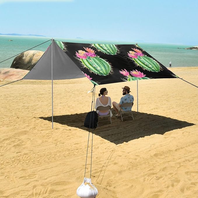 Beach Canopy with Windproof Ropes &amp Sandbags Beach Tent Sun Shade Sun Shelter for Camping Trips Fishing Backyard Fun or Picnics Cactus