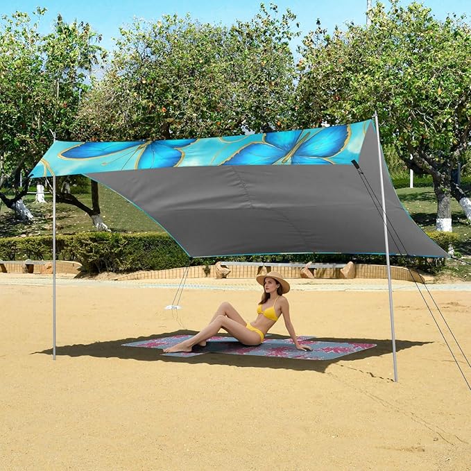 Beach Canopy with Windproof Ropes &amp Sandbags Beach Tent Sun Shade Sun Shelter for Camping Trips Fishing Backyard Fun or Picnics Butterfly