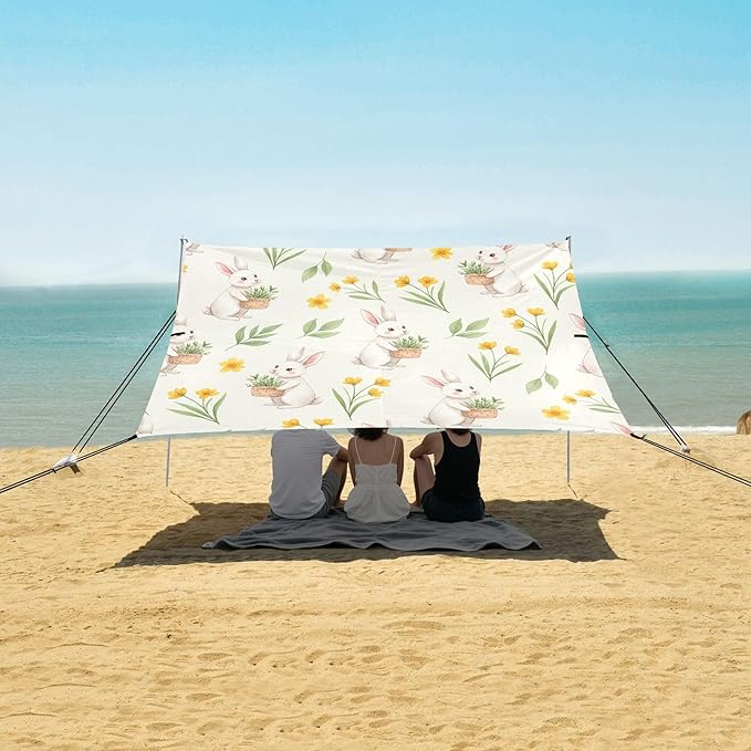 Bunny Beach Canopy Sun Shelter with Sandbags &amp Sand Shovel &amp Windproof Ropes - Portable 110x126 Beach Shade Beach Tent for Camping Picnics