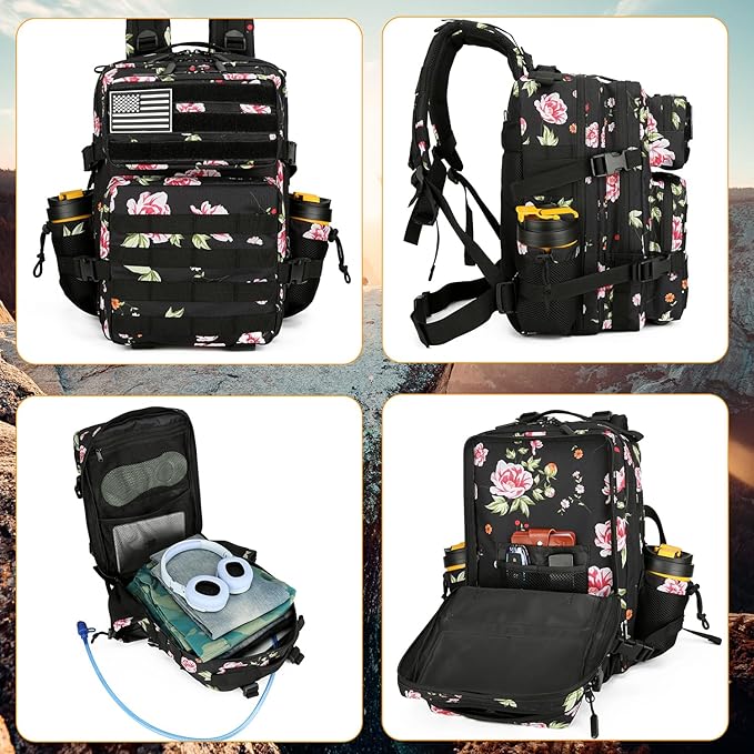 Lovelinks21 25L Tactical Military Backpack Small Travel Rucksack for Men and Women Assault Pack Bug Out Bag Molle Daypack Gym Backpack with Bottle Holder (Peony)
