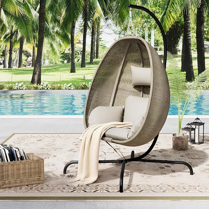 ALAULM Foldable Egg Chair with Stand 485LBS Capacity Textilene Hammock Swing Chair for Outdoor &amp Indoor Patio Hanging Chair with Strong Frame &amp UV Resistant Cushion for Balcony Bedroom Cre