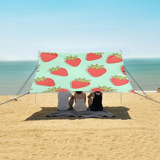ALAZA Strawberry Green Pattern Beach Tent Sun Shelter Portable Canopy Sunshade for Outdoor Camping Picnics Backyard Fun 10x9 ft