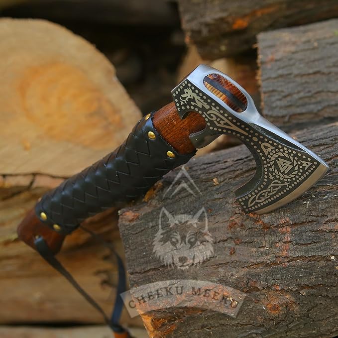 Custom Handmade Carbon Steel Real Viking Axe HatchetCamping Axe Birthday Gift for him Leather Wrapped Handle and Leather Sheath ((FM 19))