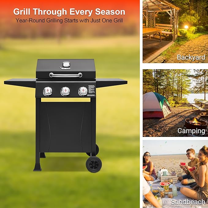 BRANDMAN GRILLS SINCE 1987 3-Burner Propane Gas Grill 27000 BTU BBQ Grill with Porcelain-Enameled Grates Built-In Thermometer Side Shelves Heavy-Duty Wheels – Outdoor Grill for Patio &amp Backya