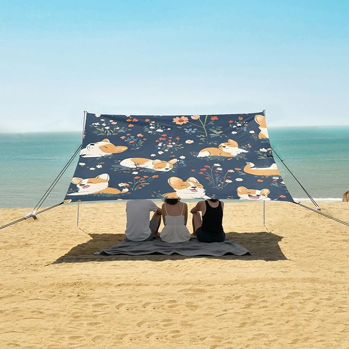 ALAZA Corgis Poses Flower Pattern Beach Tent Sun Shelter Portable Canopy Sunshade for Outdoor Camping Picnics Backyard Fun 10x9 ft