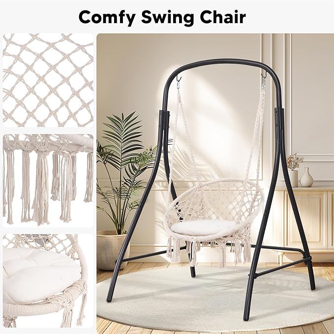 SUNCREAT Indoor Hammock Swing Chair with Stand Hanging Chair Outdoor with Stand 400 lbs Capacity Beige