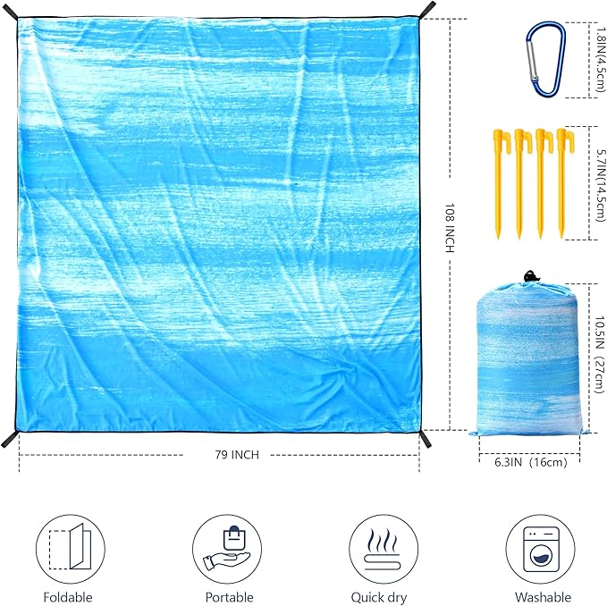 Beach Blanket Waterproof Sandproof Beach Mat 79 X 83/10'x9'for 2-8 Adults Quick Drying Outdoor Picnic Mat Beach Accessories for Travel Camping Hiking