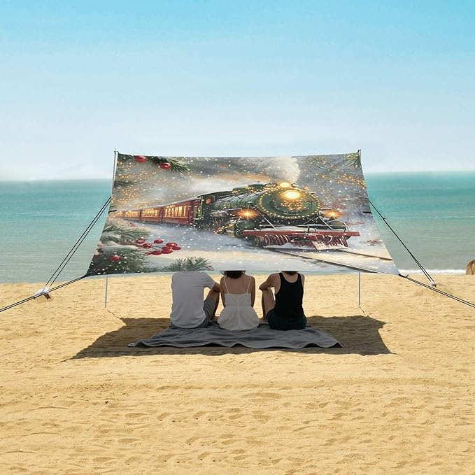 ALAZA Christmas Train Beach Tent Sun Shelter Portable Canopy Sunshade for Outdoor Camping Picnics Backyard Fun 10x9 ft