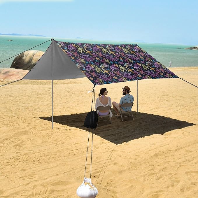 ALAZA Rainbow Sea Turtle Starfish Beach Tent Sun Shelter UPF50+ Protection Beach Shade Canopy w/ 4 Sandbags for Outdoor Camping Fishing Backyard Fun Picnic 10x9 ft