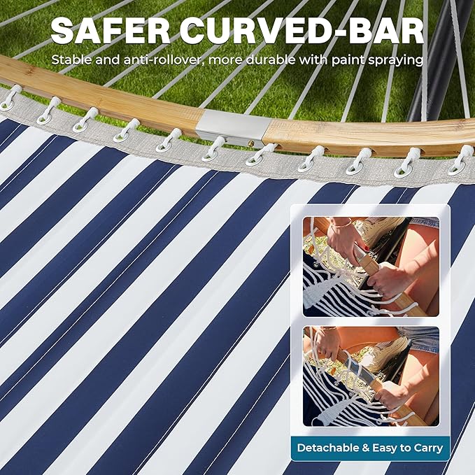 SUPERJARE Curved-Bar Hammock with Stand 2 Person Heavy Duty Hammock Frame Detachable Pillow &amp Portable Carrying Bag Perfect for Outdoor &amp Indoor Denim Blue with White Stripes