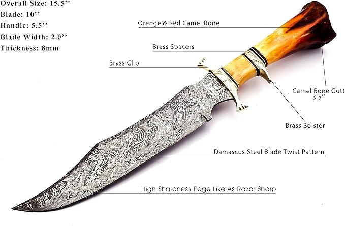 Hand Made Damascus Steel Collectible Bowie Knife Handle Camel Bone (Red)