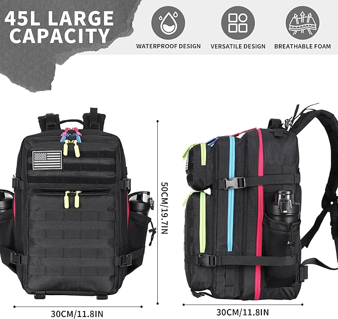 45L Military Tactical Backpacks 3 Days Assault PackBag Fitness Rucksack Hiking Molle Daypack (Black Neon)