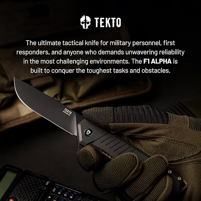 TEKTO F1 Alpha Folding Pocket Knife - Modified Straight Back Blade Titanium Coated D2 Steel Ideal for Outdoor Camping and Backpacking Tactical G10 Black Handle Bronze Titanium Accents